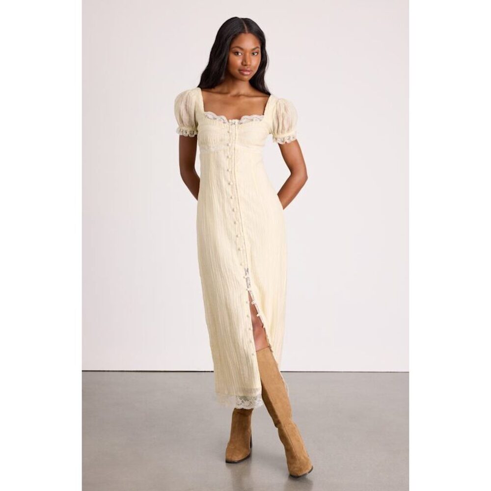 Chembery Crissa Cream Lace Textured Puff Sleeve Midi Dress White - Size M